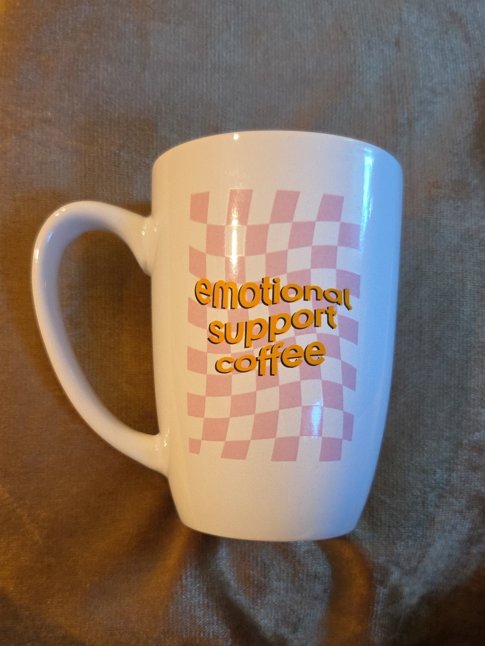 Emotional Support Coffee Pink Checkered Ceramic Mug
